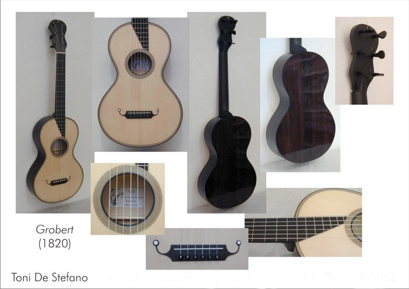 chitarra (Paris, 1830ca.) da Jean-Nicolas Grobert (1794-1869), copia del liutaio Toni De Stefano (Milano, 2009) - tavola abete rosso val di fiemme, fondo e fasce palissandro madagascar, contro-fondo abete, manico acero impiallaciato ebano, tastiera ebano, ponticello ebano