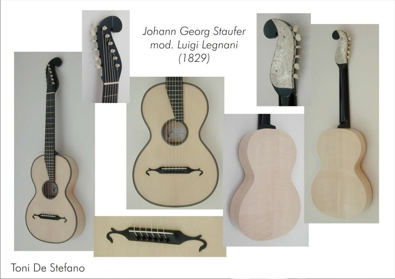 chitarra da Johann Georg Stauffer, mod. Legnani (Wien, 1829), copia del liutaio Toni De Stefano (Milano, 2007) - tavola abete rosso val di fiemme, fondo e fasce acero, manico acero tinto, tastiera ebano, ponticello ebano,
