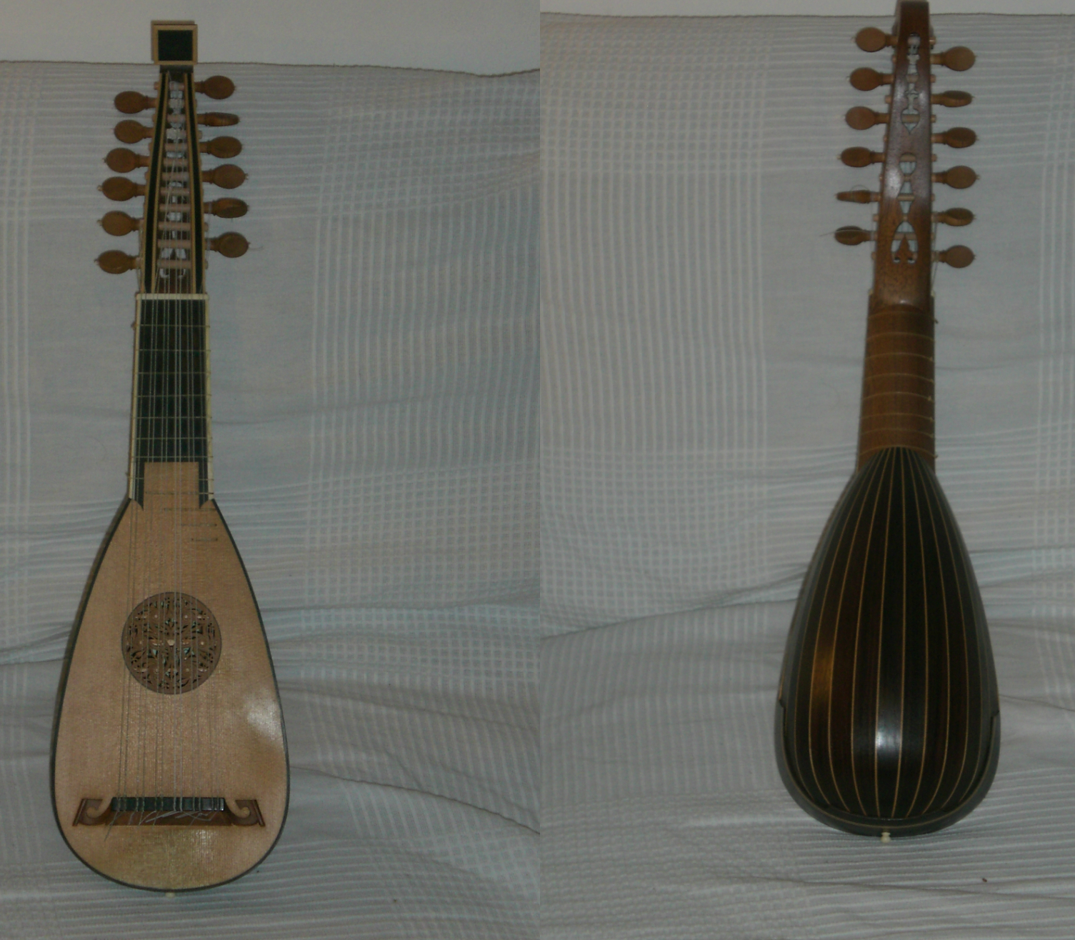 mandolino lombardo  a 6 ordini doppi da Francesco Presbler e Ambrogio Maraffi (1769), tavola in abete rosso, doghe in palissandro, manico in mogano, tastiera in ebano, ponticello in pero ed ebano, diapason cm 31.5, copia del liutaio Carlo A. Cecconi (Tarquinia, VT, 2004)